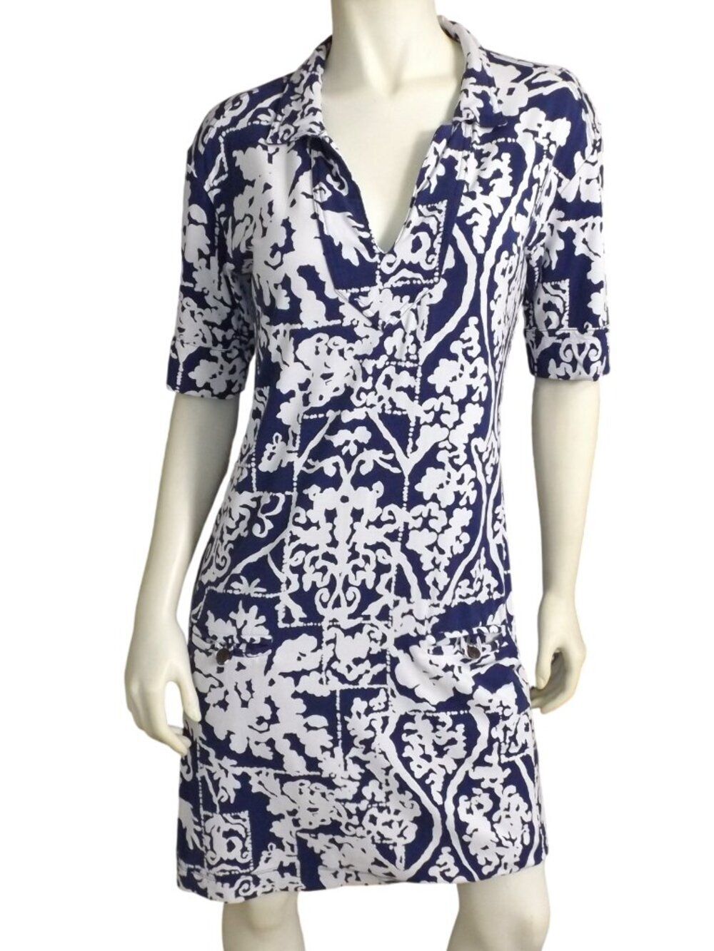 Tori Richard Dress, M, Blue/White, Short sleeves, Front Pockets, Jaxon Mixed Bag